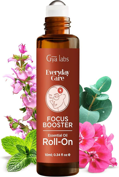 Gya Labs Focus Booster Essential Oil Roll on - Supports Sustained Sense of Focus for Studies & Tasks - 100% Pure Natural Aromatherapy Oil Roller, Geranium & Eucalyptus Blend, Travel Size (0.34 Fl Oz)