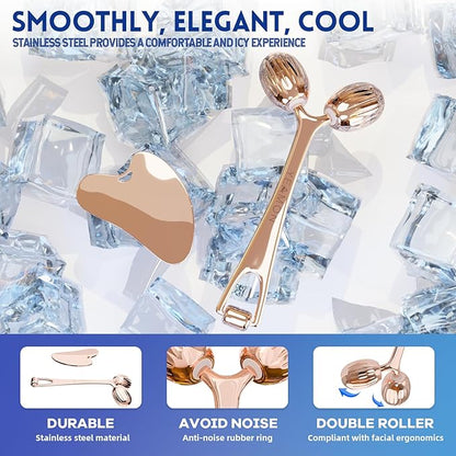 Yeamon Gua Sha Facial Tools and Face Roller Set, Facial Massage Tool for Women’s Skincare Routine,Cooling Stainless Steel Face Sculpting Eyes Roller Guasha for Daily Use or Self-Care Gift for Women