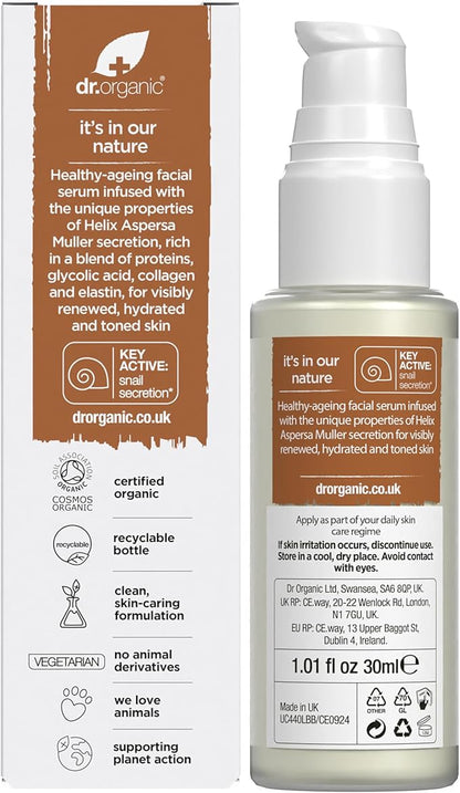 Dr. Organic Snail Gel Facial Serum | Hydrates and Restores Skin, Reduces Fine Lines, Natural, Certified Organic, Paraben & SLS-Free, 30 mL / 1 fl oz