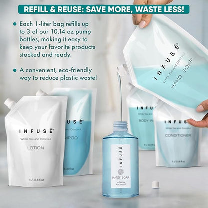 1 Liter Hand Wash Refill Bag For Soap Dispensers | Bulk Toiletries for Vacation Rentals, and Home Bathroom Showers | White Tea and Coconut | Single