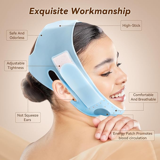 JUSRON V-Line Mask Chin Up Mask Face Strap, Soft Silicone Chin Strap V Shaped Face Mask, Jaw Exerciser 23-27 Inches (Light Blue)