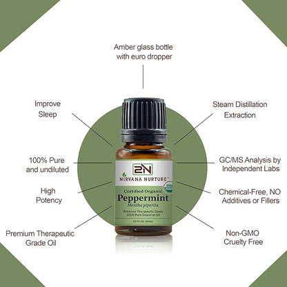Peppermint Essential Oil USDA Certified Organic 100% Pure Premium Therapeutic Grade, Undiluted - Aromatherapy Diffuser for Calm and Relaxation, Skin Care, Hair Care