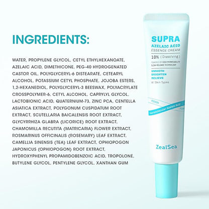 ZealSea 10% Azelaic Acid Facial Cream - Azelaic Acid Serum with AHA & Pionin for Face, Relief Pimple, Breakouts, Blackhead & Redness, Azelaic Acid Gel Clarify Skin Soothe Irritation, 1 Oz
