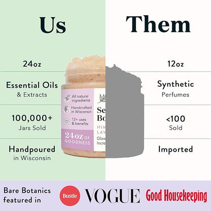 Bare Botanics Lavender Grapefruit Body Scrub 24 oz - Naturally Scented Himalayan Salt Scrub Made in Madison WI - Formulated w/Skin Loving Moisturizers - Cruelty Free Exfoliator w/a Cute Wooden Spoon