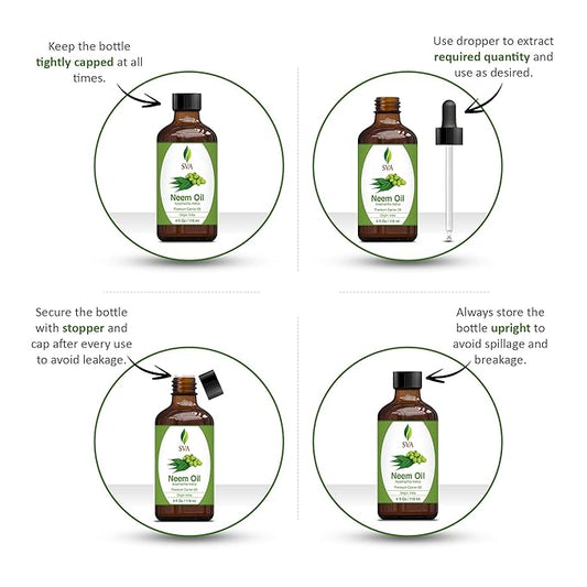 SVA Neem Seed Oil - 4 Fl Oz – 100% Natural Cold Pressed Neem Oil - for Face, Skin Care, Hair Care, Scalp Massage & Body Massage – Carrier Oil with Dropper