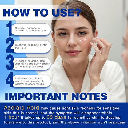 10% Azelaic Acid Acne Cream, Premium Azelaic Acid Facial Cream - Redness Relief For Face, Redness Reducing Skin Care, Prevents Acne Breakouts, Ease Pimple Clarify Skin Soothe Irritation,1 Oz