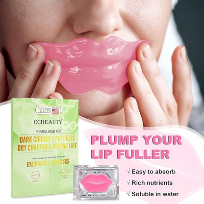 CCbeauty 24 Packs Lip Masks & Eye Mask Bulk,24K Gold Under Eye Patches for Puffy Eyes,Dark Circles,Collagen Eye gel Pads for Eye Bags,Wrinkles | Nourish & Hydrate Dry Chapped Lips Skincare, Pink