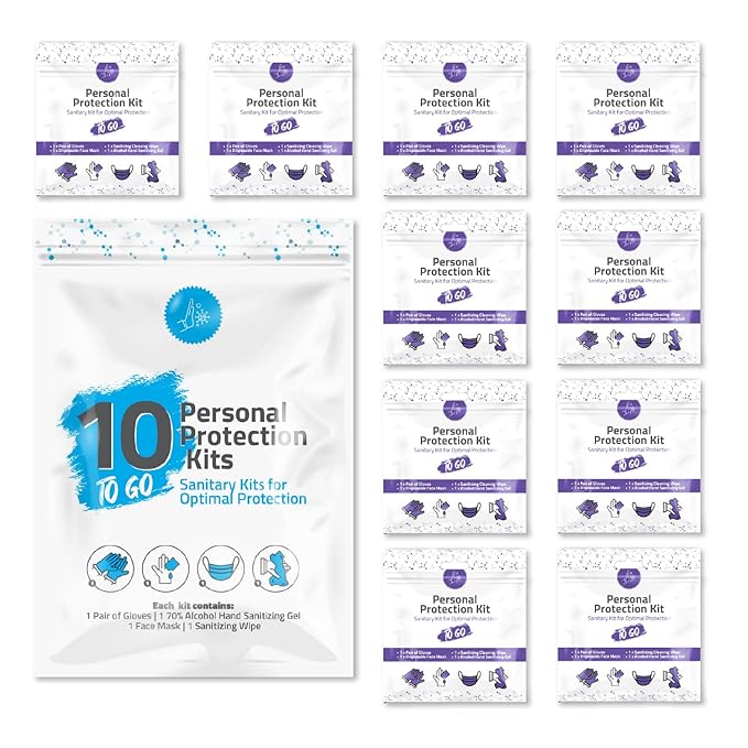 Personal Protection Kit TO GO, Mini 4 Item PPE Kit for travel and school | Includes 1 Each of Face Covering, Gloves, Cleansing Wipes & Hand Cleansing Gel | 10 - Pack (Purple)