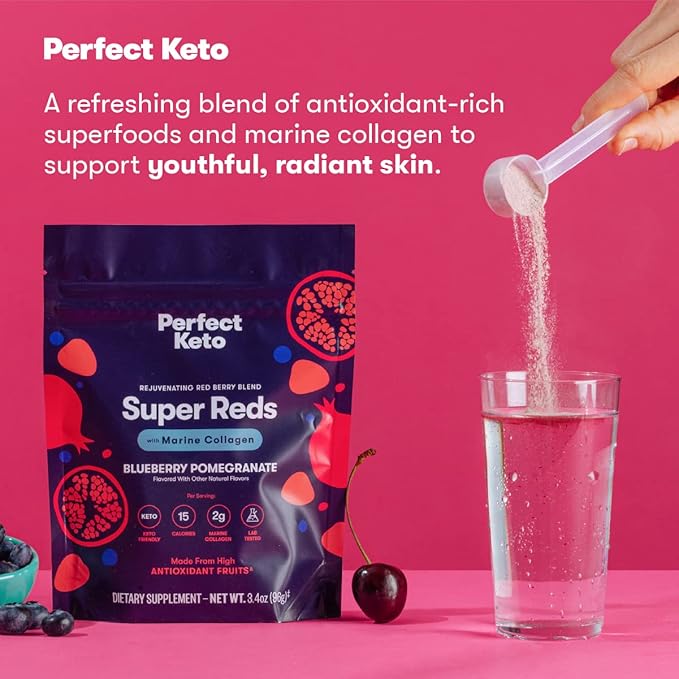 Perfect Keto Super Reds Superfood Powder, Antioxidants Supplement with Fruit & Vegetable Powder, Polyphenols & Marine Collagen, Drink Mix for Skin & Energy Support, Blueberry Pomegranate, 20 Servings