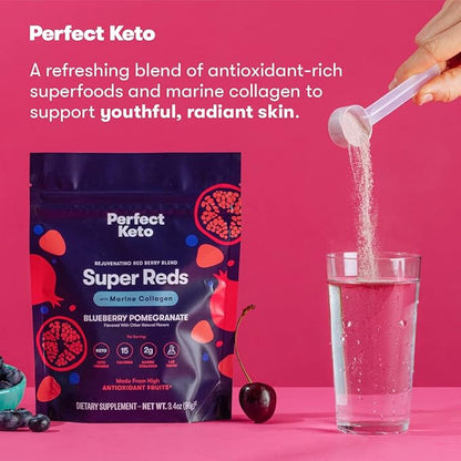 Perfect Keto Super Reds Superfood Powder, Antioxidants Supplement with Fruit & Vegetable Powder, Polyphenols & Marine Collagen, Drink Mix for Skin & Energy Support, Blueberry Pomegranate, 20 Servings