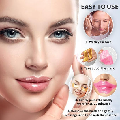 30 PCS Lip Mask Eye Mask Set Moisturizing Lip Mask for Dry Lips, 24K Gold Eye Patches for Puffy Eyes and Dark Circles