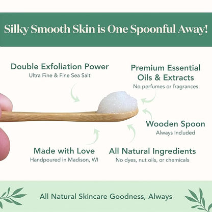 Bare Botanics Unscented Body Scrub 24 oz - Naturally Scented Sea Salt Scrub Made in Madison, WI - Formulated w/Skin Loving Moisturizers - Vegan, Cruelty Free Exfoliator w/a Cute Wooden Spoon