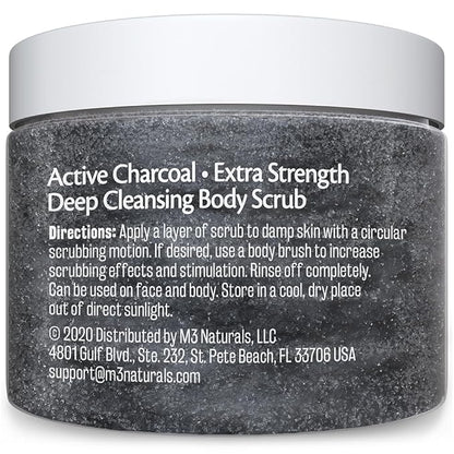Exfoliating Charcoal Scrub with Collagen & Stem Cells – Salt Scrub for Body Toning, Cellulite, Armpit Detox, and Skin Smoothing for Face, Feet, and Body by M3 Naturals.