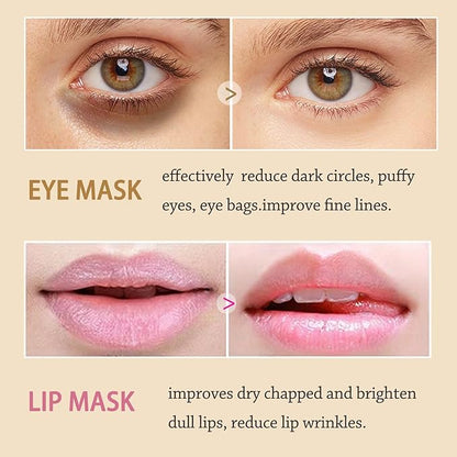 20 Pairs Lip Masks & Eye Masks, 24K Gold Gel Crystal Collagen Eye Pads, Moisturizing Lip Mask Crystal Pads, Under Eye Patches for Puffy Eyes, Dark Circles, Eye Bags, Wrinkles and Fine Lines