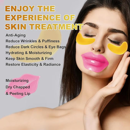 CCbeauty 24 Packs Lip Masks & Eye Mask Bulk,24K Gold Under Eye Patches for Puffy Eyes,Dark Circles,Collagen Eye gel Pads for Eye Bags,Wrinkles | Nourish & Hydrate Dry Chapped Lips Skincare, Pink