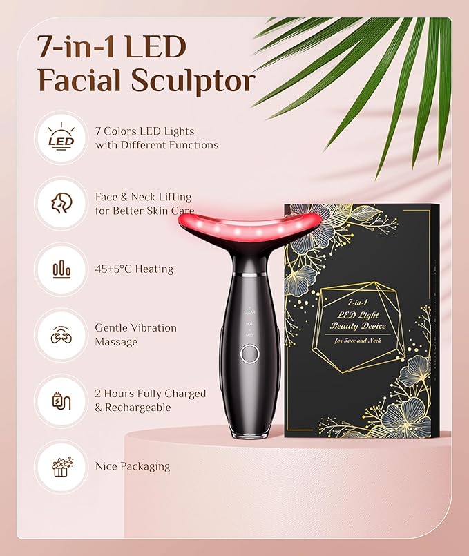 7 Color Galvanic Machines - Red Light Therapy for Face and Neck, Face Massager Tool for Wrinkles, Double Chin, Vibrating Facial Massager with Thermals, Black