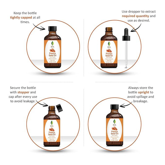 SVA Papaya Seed Oil - 4 Fl Oz – 100% Natural Cold Pressed Papaya Oil - for Face, Skin Care, Hair Care, Scalp Massage & Body Massage – Carrier Oil with Dropper