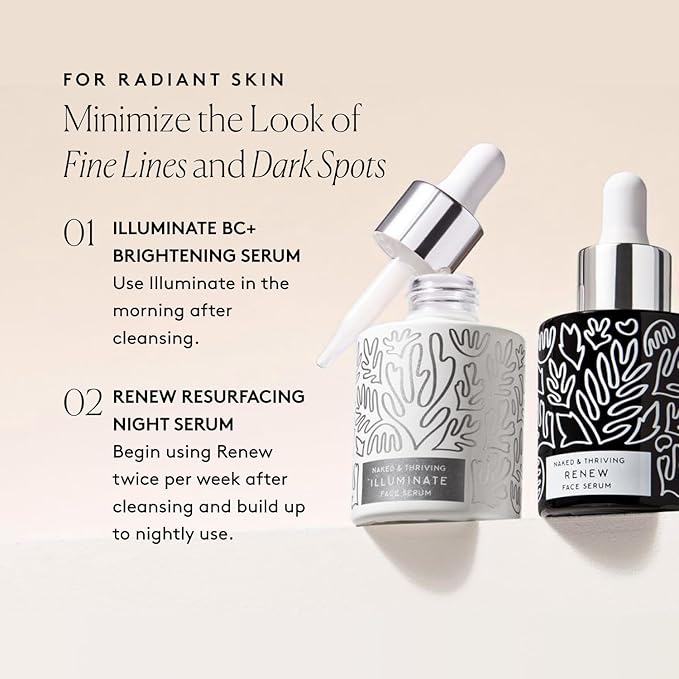 Naked & Thriving Wrinkle-Fighter Set, Includes Renew Resurfacing Night Serum (30 mL) & Illuminate C+ Serum (30 mL), Clinical Results, Dermatologist Loved, Hylauronic Acid & Bakuchiol (Set of 2)