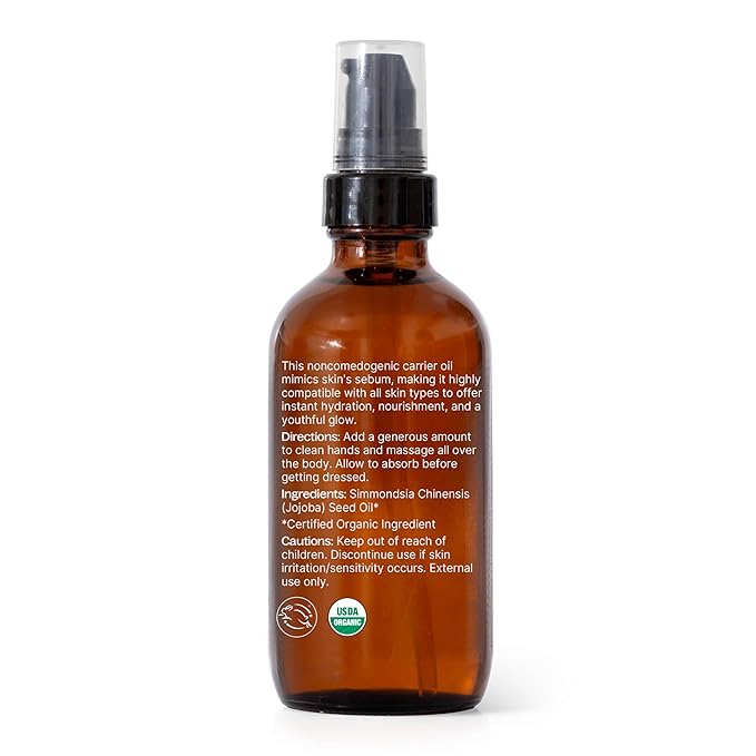 Plant Therapy Organic Jojoba Body Oil 4 fl. oz (118 mL) Base for Aromatherapy, Essential Oil or Massage use, For Hair and Skin, Moisturizing