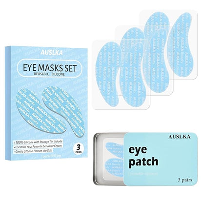 AUSLKA Reusable Under Eye Patches-3 Pairs, Silicone Reusable Eye Masks, Reusable Eye Wrinkle Patches, Silicone Eye&Face Mask for Fine Lines & Dark Circles, Storage Tin Included