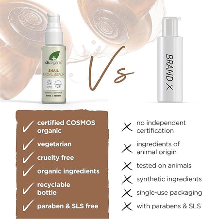 Dr. Organic Snail Gel Facial Serum | Hydrates and Restores Skin, Reduces Fine Lines, Natural, Certified Organic, Paraben & SLS-Free, 30 mL / 1 fl oz