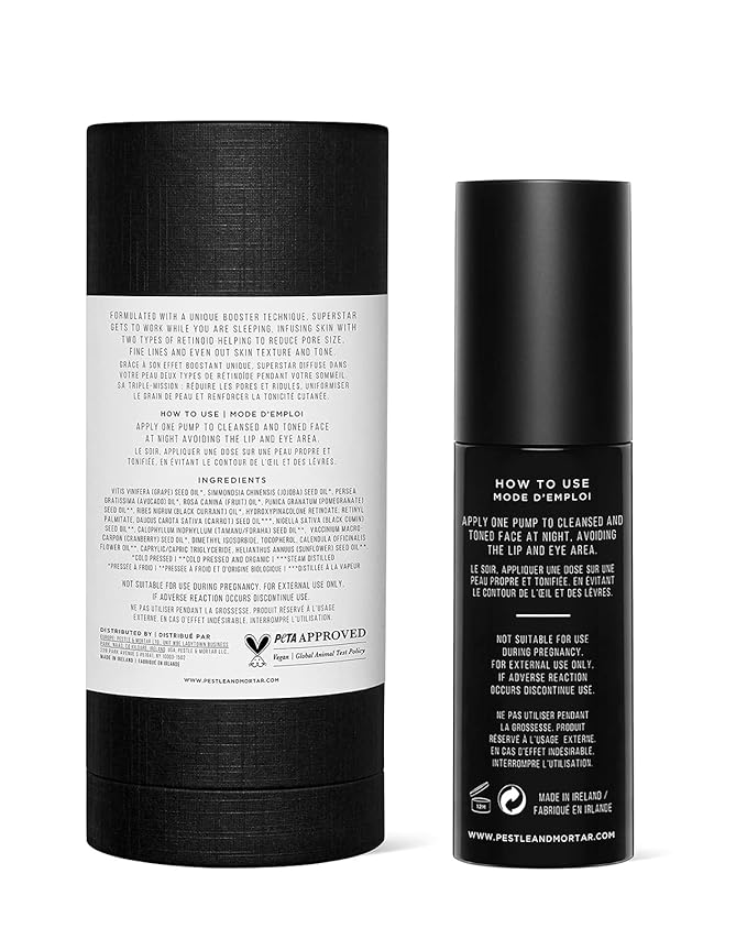 Pestle & Mortar Superstar 2% Retinoid Night Oil, Overnight Face Serum, Anti Aging, Reduces Wrinkles & Fine Lines with Vitamin E, Vitamin C and organic oil 1 Fl Oz