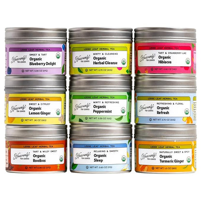 Heavenly Tea Leaves Organic Loose Leaf Herbal Tea Sampler (Approx. 90 Cups of Tea), 9 Naturally Caffeine Free Tisanes - Great Hot or Iced, Mother's Day Gifts for Mom, Health & Immune Support