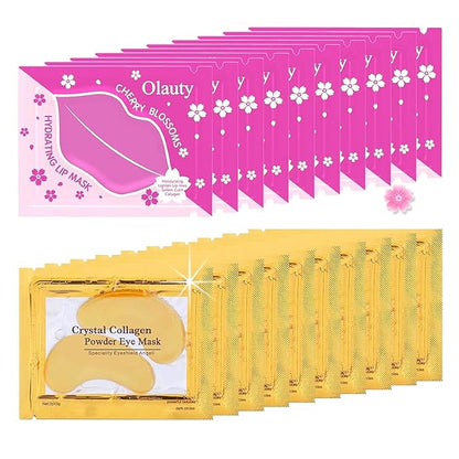 20 Pairs Lip Masks & Eye Masks, 24K Gold Gel Crystal Collagen Eye Pads, Moisturizing Lip Mask Crystal Pads, Under Eye Patches for Puffy Eyes, Dark Circles, Eye Bags, Wrinkles and Fine Lines