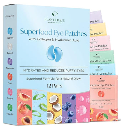 PLANTIFIQUE Superfood Under Eye Patches Dark Circle 12 Pairs and Jojoba Oil & Hyaluronic Acid Face Serum for Gua Sha Massage with Vitamin C, E Niacinamide for Glowing Skin
