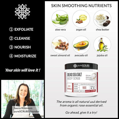 pureSCRUBS Premium Rose Body Scrub Set - Large 16oz Dead Sea Salt Body Scrub With Infused Essential Oils & Nutrients, Includes Wooden Spoon, Loofah & Oatmeal Exfoliating Bar Soap