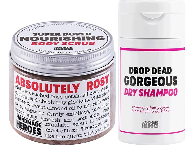 Rose Petal Scrub Foot & Body Exfoliator and Volumizing Hair Powder Dry Shampoo Bundle - 100% Natural Vegan Skin Care by Handmade Heroes