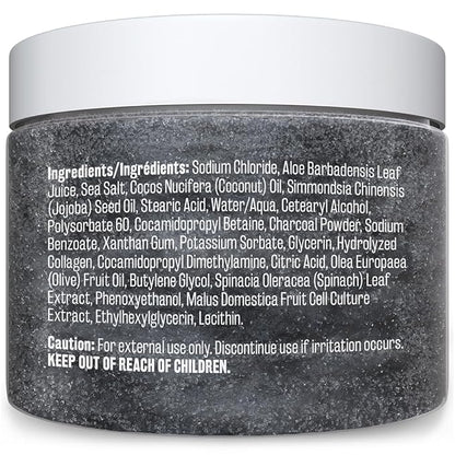 Exfoliating Charcoal Scrub with Collagen & Stem Cells – Salt Scrub for Body Toning, Cellulite, Armpit Detox, and Skin Smoothing for Face, Feet, and Body by M3 Naturals.