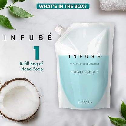 1 Liter Hand Wash Refill Bag For Soap Dispensers | Bulk Toiletries for Vacation Rentals, and Home Bathroom Showers | White Tea and Coconut | Single