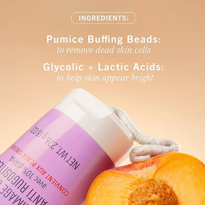 First Aid Beauty - KP Bump Eraser Body Scrub with 10% AHA, Keratosis Pilaris Exfoliator with Glycolic and Lactic acids, Helps Reduce Chicken Skin Bumps, Safe for Sensitive Skin, NEW Peach Scent (8 oz)