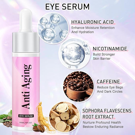 Caffeine Eye Serum Cream Kit for Dark Circles Under Eye Treatment Anti Aging For Puffiness Bags And Wrinkles 2 Fl Oz