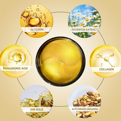 Brightening Eye Masks, Hydrating Eye Masks W/Caffeine Hydrolyzed Collagen & Centella Asiatica- Under Eye Patches For Dark Circles - Minimize Puffiness (Gold - Gold collagen)