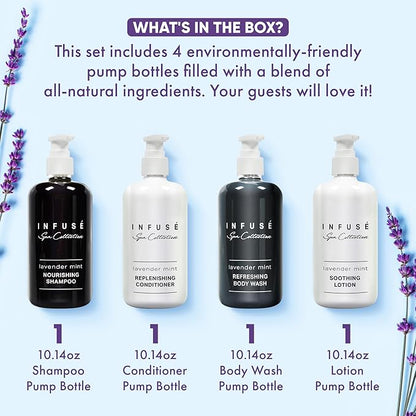 1-Shoppe Infuse Lavender Mint Spa Collection Amenities Set | 10.14 oz Pumps | Shampoo, Conditioner, Hand/Body Wash, Lotion