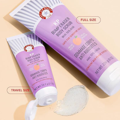 First Aid Beauty - KP Bump Eraser Body Scrub with 10% AHA, Keratosis Pilaris Exfoliator with Glycolic and Lactic acids, Helps Reduce Chicken Skin Bumps, Safe for Sensitive Skin, NEW Peach Scent (2 oz)