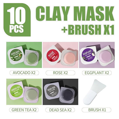 10 Pods Clay Facial Mask Set - Rose, Green Tea, Eggplant, Avocado, Dead Sea Mud, Mud Mask Deep Pore Cleansing Acne Blackhead Removal Men & Women Face Mask Skin Care,Two To Three Times A Week.