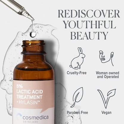 Cosmedica Skincare 5% Lactic Acid Treatment Hylasin - AHA, Hyaluronic Acid, Gentle Exfoliator Dark Spot Corrector, Anti-Aging, Face Peel Brightening Treatment for Dull Hyperpigmented Skin 1 oz (30ml)