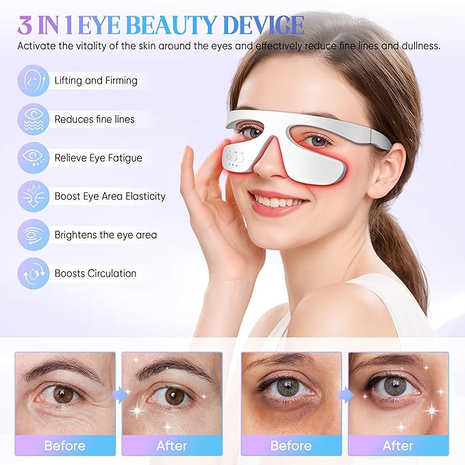 Under-Eye Light Therapy Device, Beauty Device with Pulsed, Light Therapy, and Heat, for Relieving Eye Bags, Eye Fatigue, and Dark Circles, with Gel and glass Strap (white)