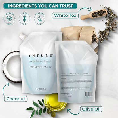 1 Liter Conditioner Refill Bag For Soap Dispensers | Bulk Toiletries for Vacation Rentals, and Home Bathroom Showers | White Tea and Coconut | Single