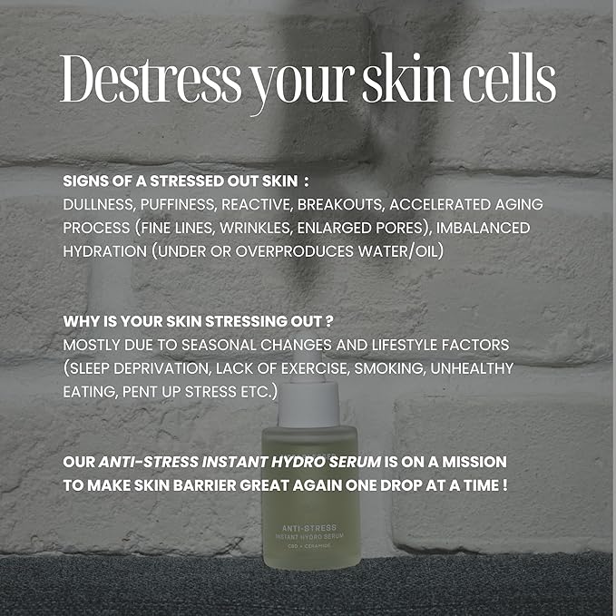 Anti-Stress Instant Hydro Facial Serum | Ceramide + Hyaluronic Acid | Soothes Inflammation, Deeply Hydrates & Strengthens Skin Barrier. Fragrance-Free, Clean Beauty 1.01 fl. Oz