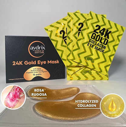 24K Gold Under Eye Mask Treatment - Corrects Puffy Eyes, Dark Circles - Reduces Wrinkles, Fine Lines and Hydrates Your Skin - 15 Golden Eye Mask Pairs