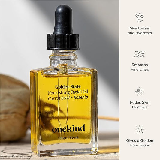Onekind Golden State All-Natural Nourishing Facial Oil, Non-Comedogenic, Anti Aging Botanical Face Oil with Sea Buckthorn Extract, Rosehip, Carrot Seed and Apricot Oil for Skincare and Guasha, 1 Ounce
