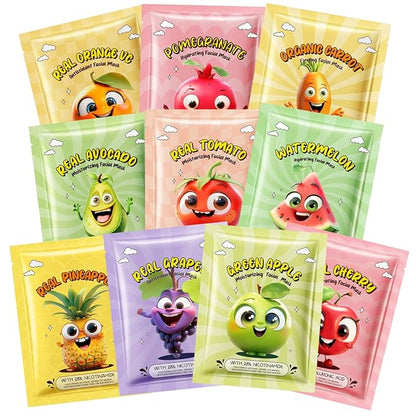 10 Pack Fruit Kids Facial Face Masks, Kids Facial Spa Kit for Girl, Fruit Face Masks for Kids, Moisturize Soothe for All Skin Types, Christmas Birthday Gifts for Women Men Girls