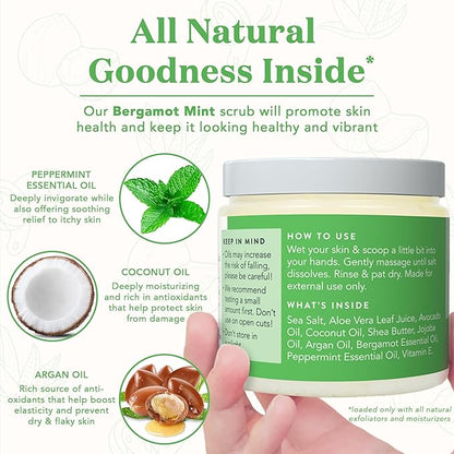 Bare Botanics Bergamot Mint Body Scrub 24oz | Made in Madison, WI | All Natural Sea Salt Exfoliator w/ Skin Loving Moisturizers | Vegan & Cruelty Free | Gift Ready Packaging w/ a Cute Wooden Spoon