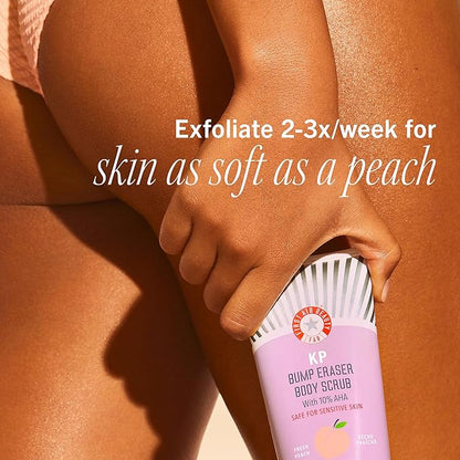 First Aid Beauty - KP Bump Eraser Body Scrub with 10% AHA, Keratosis Pilaris Exfoliator with Glycolic and Lactic acids, Helps Reduce Chicken Skin Bumps, Safe for Sensitive Skin, NEW Peach Scent (8 oz)