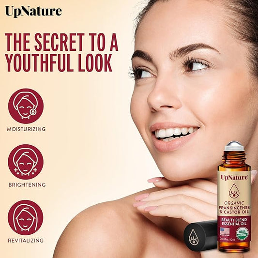 UpNature Beauty Essential Oil Blend Roll On - 100% Organic Castor Oil & Frankincense for Face - Wrinkles Dark Circles Under Eye Roller Ball Rollerball