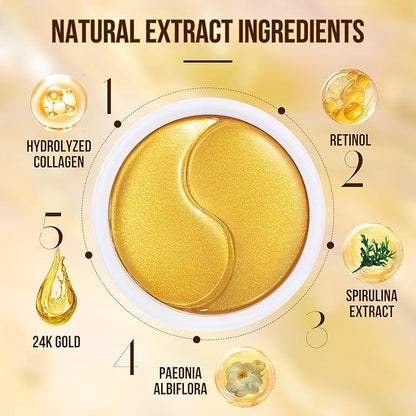 GEMERRY Under Eye Patches 60 Pcs - 24K Gold Under Eye Patches for Puffy eyes, Dark Circles, and Smooth Wrinkles, Perfect Gifts for Women Gentle Formula Self Care Under Eye Mask Rejuvenating Treatment